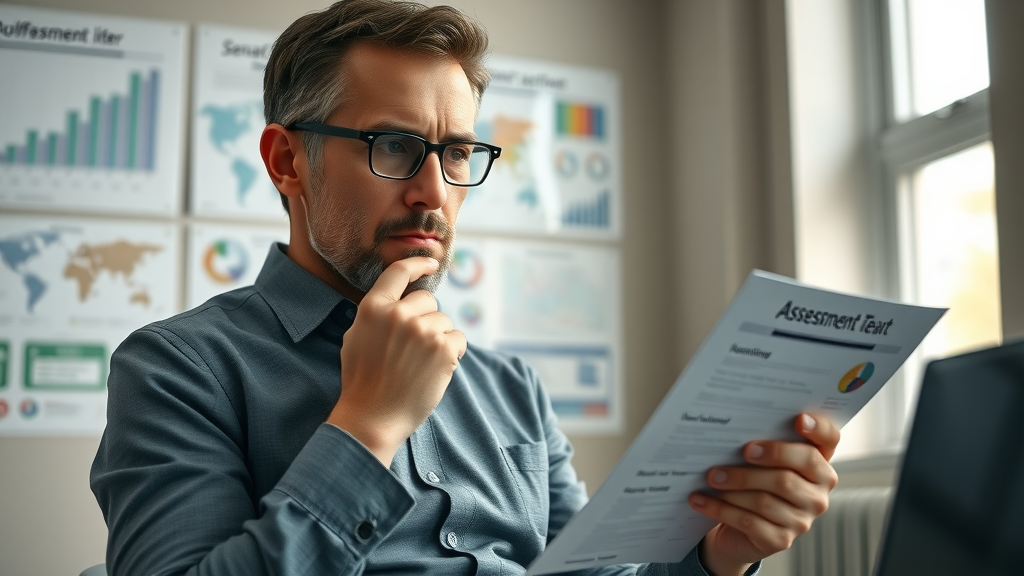 A thoughtful nonprofit manager reviewing a digital assessment report, showcasing the critical step of digital maturity evaluation for nonprofits.