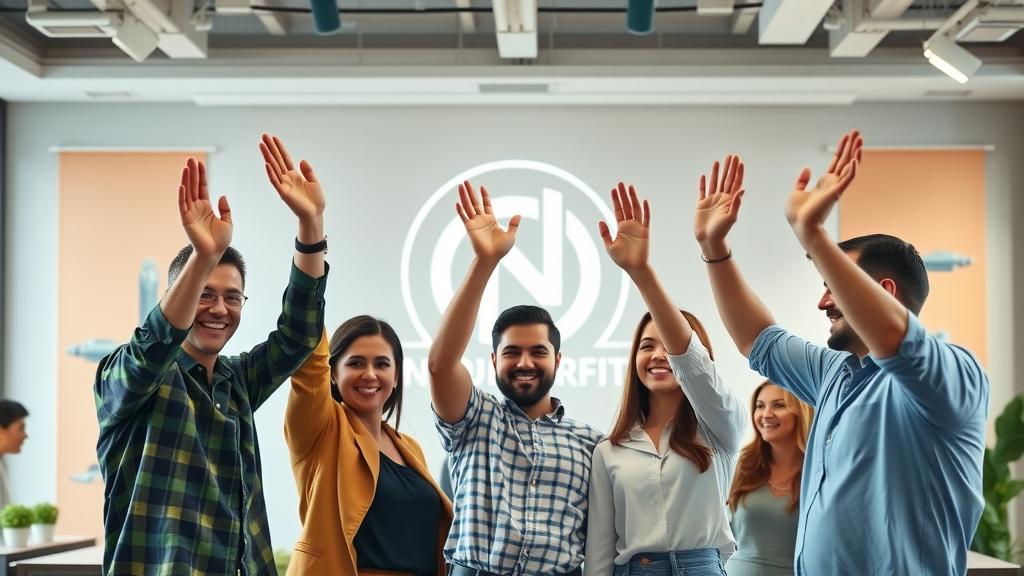 Uplifting nonprofit team celebrating digital transformation success with high-fives in a modern office, illustrating mission achievement through technology.