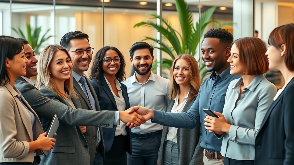 HR manager welcoming new hires, recruitment for staff retention and employee experience