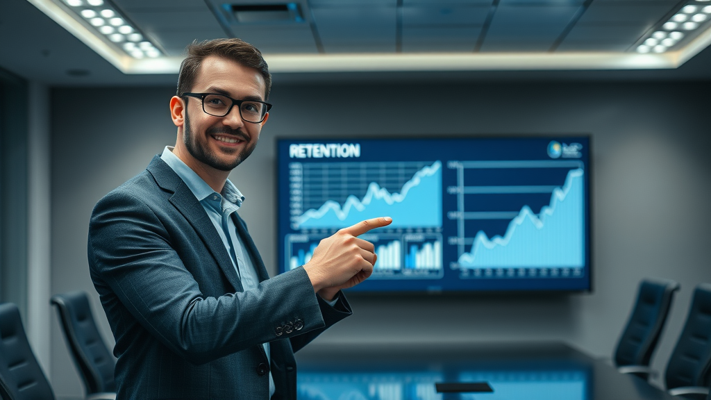 Analyst presenting employee retention data trends after implementing strategies