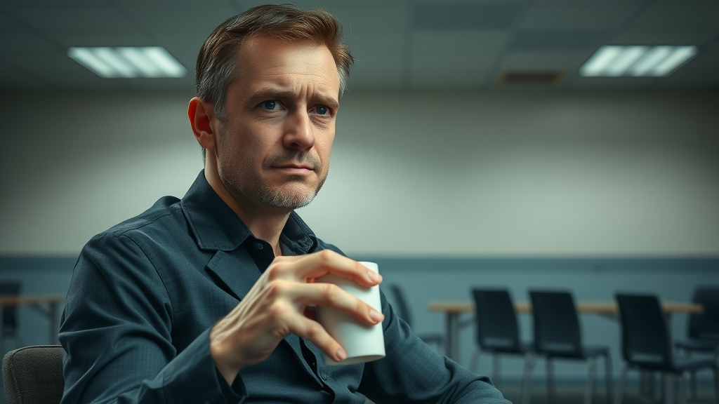 Disheartened employee in breakroom illustrating causes of high employee turnover and poor staff retention