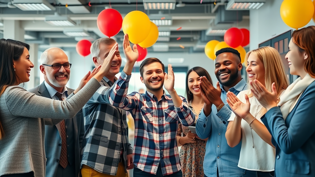 Diverse team celebrating milestone in open office, customized staff retention strategies