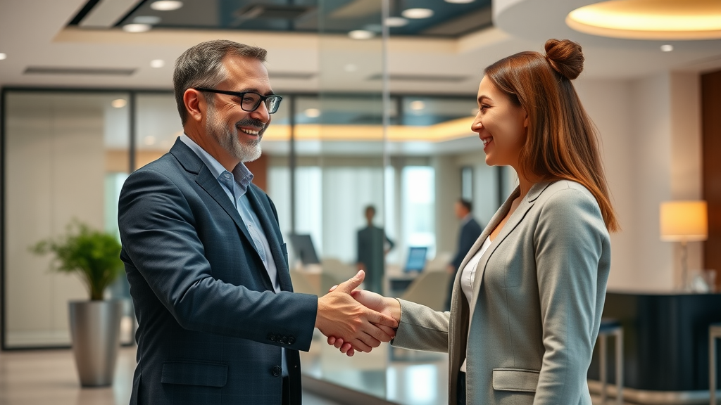 Executive shaking hands with satisfied employee, successful staff retention in professional office