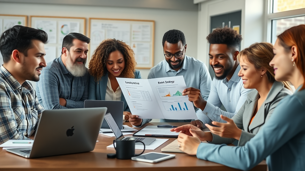 Nonprofit team collaborating with digital tools around digital strategy documents, highlighting digital transformation in nonprofits in a modern workspace.