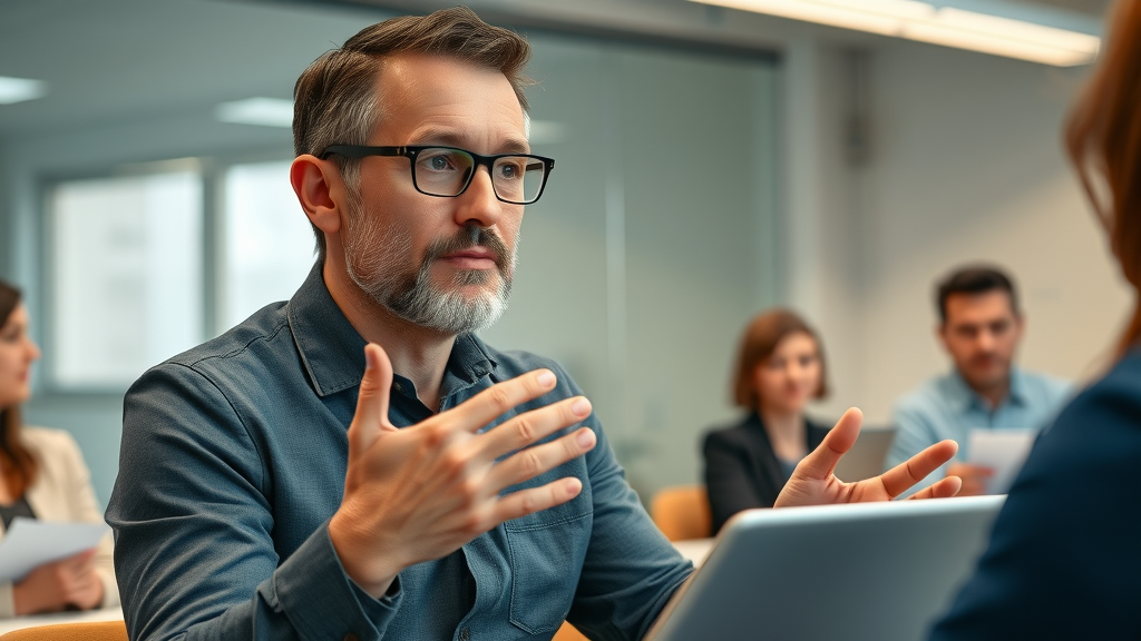 Thoughtful nonprofit leader guiding a team through digital change management and transformation process in a nonprofit organization.