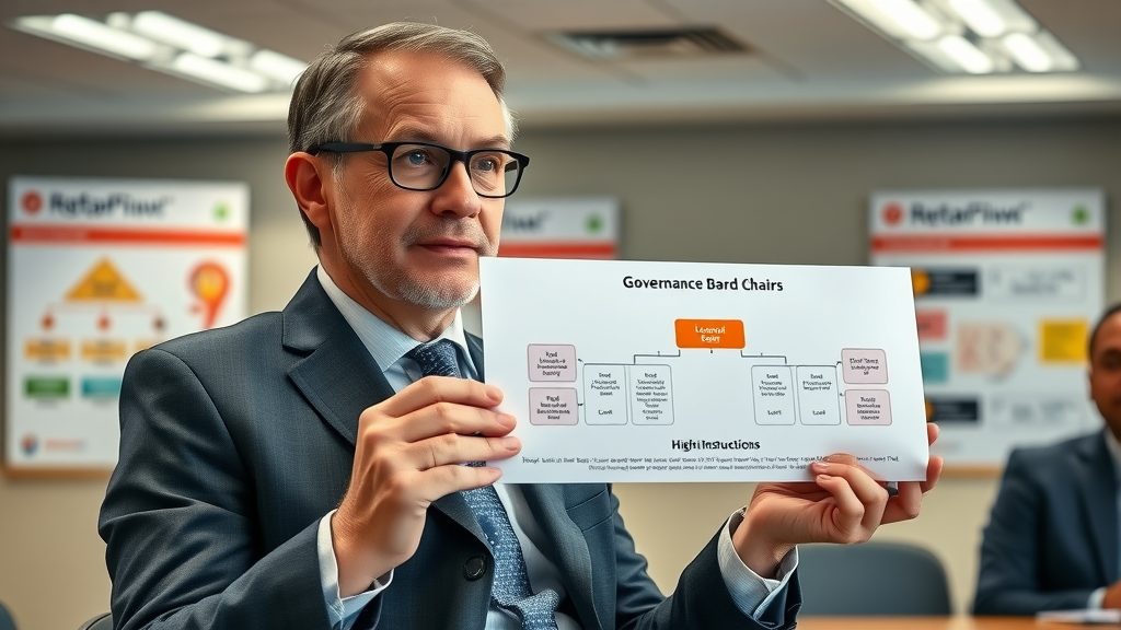 thoughtful nonprofit board chair presenting a governance model chart, board governance model