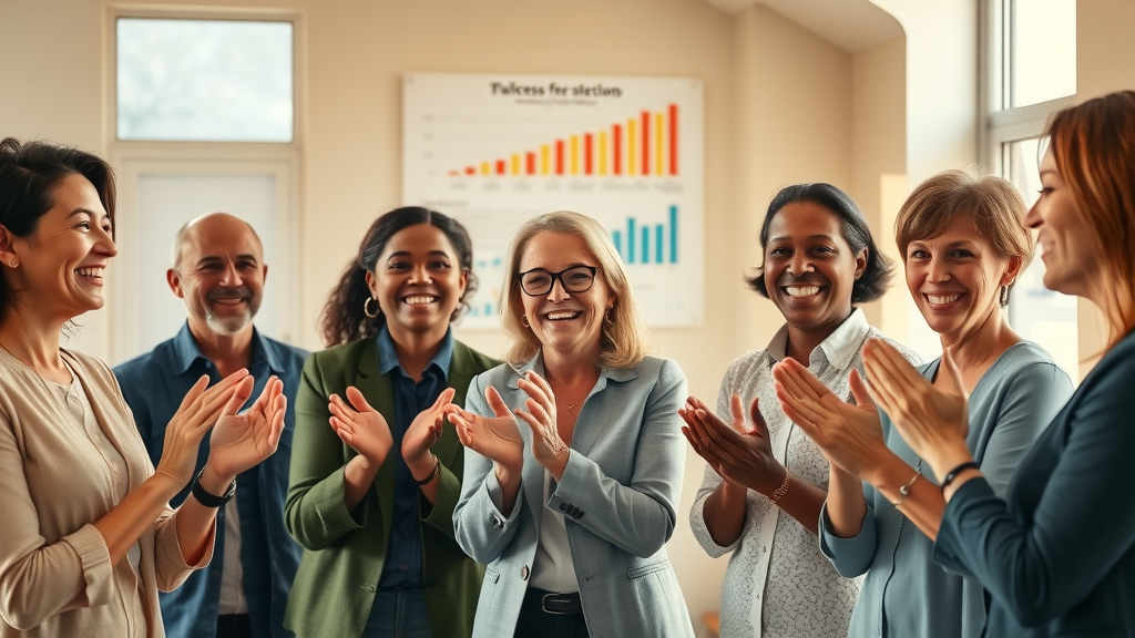 optimistic nonprofit board celebrating organizational transformation, success in nonprofit board governance, board performance