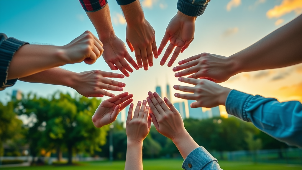 symbolic hands coming together in unity outdoors, representing teamwork and community engagement strategy, cinematic and vibrant