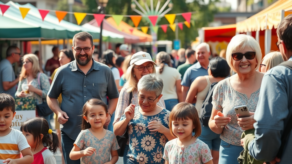 real community event with residents participating in a local festival or market, happy faces, photorealistic, bright daylight