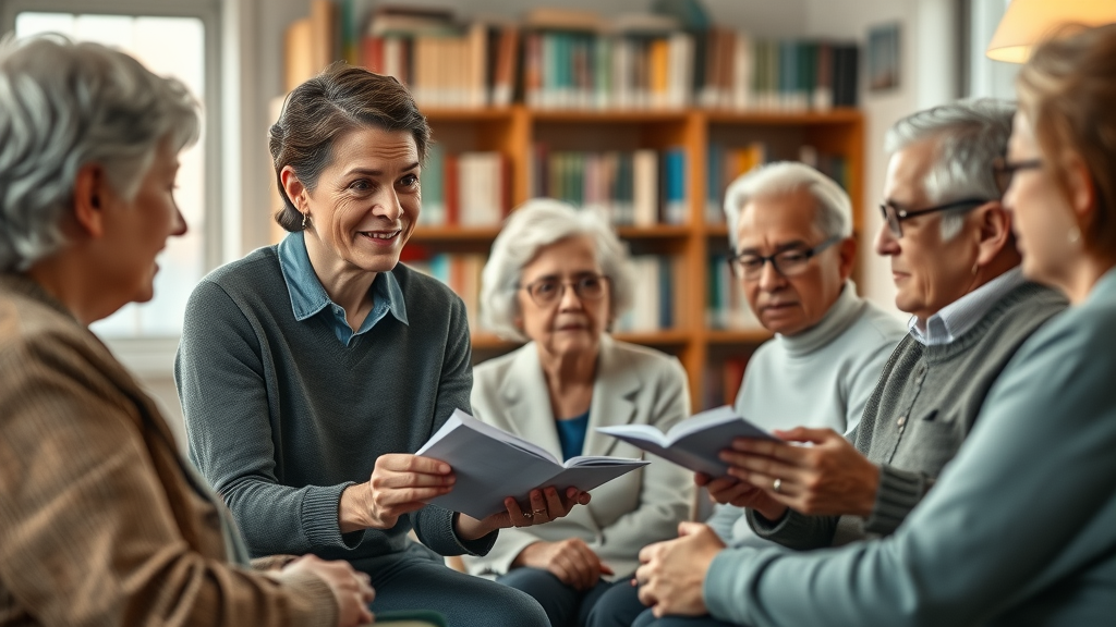 caring community advocate listening and taking notes from diverse senior citizens, inclusive group, photorealistic, library setting
