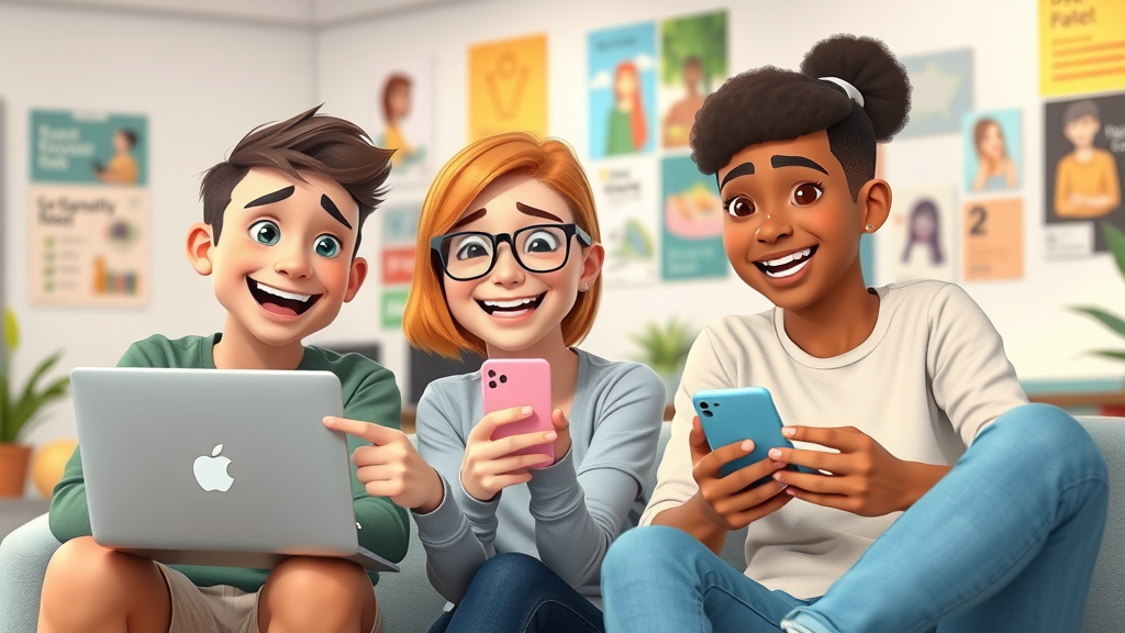 enthusiastic young adults collaborating on social media for community engagement, cartoon style, digital workspace