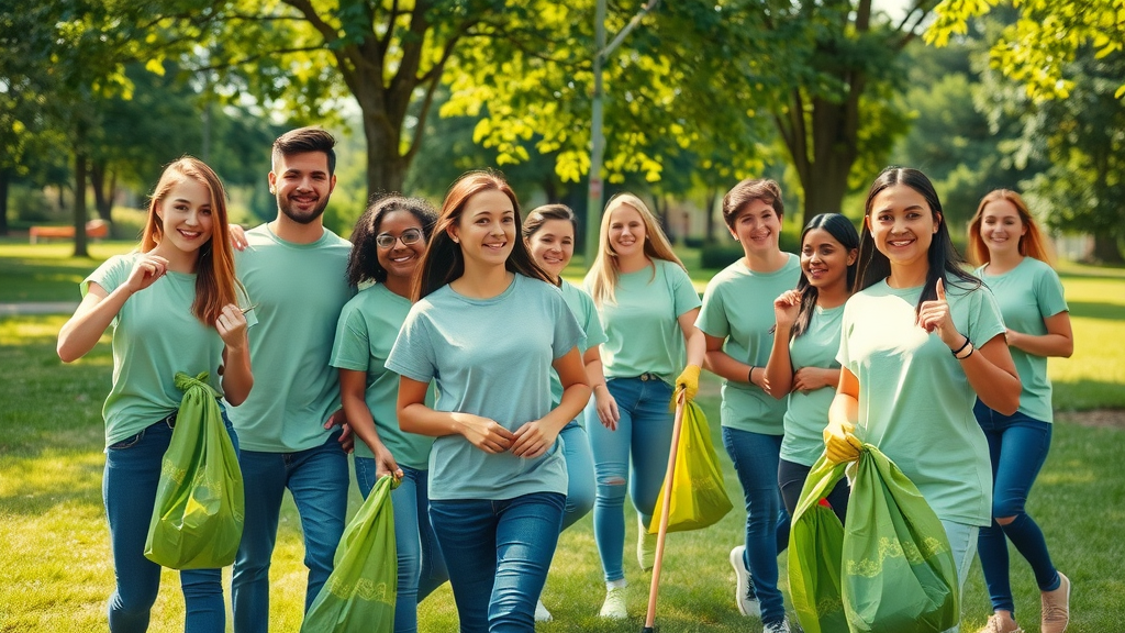 motivated volunteers organizing a local clean-up drive to increase community engagement, photorealistic, park setting
