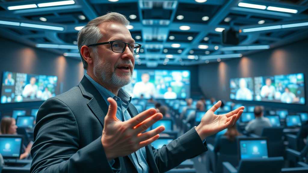 forward-thinking community leader facilitating a hybrid digital and in-person engagement model, modern auditorium, futuristic setting