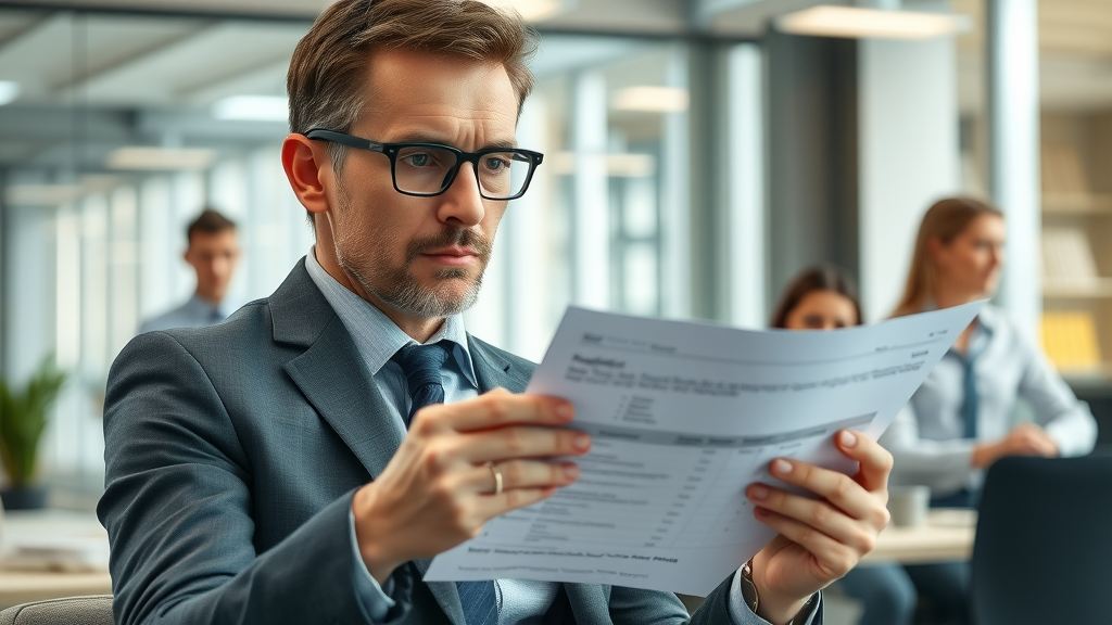 concerned HR manager reviewing exit interview data for staff turnover reduction in modern corporate office