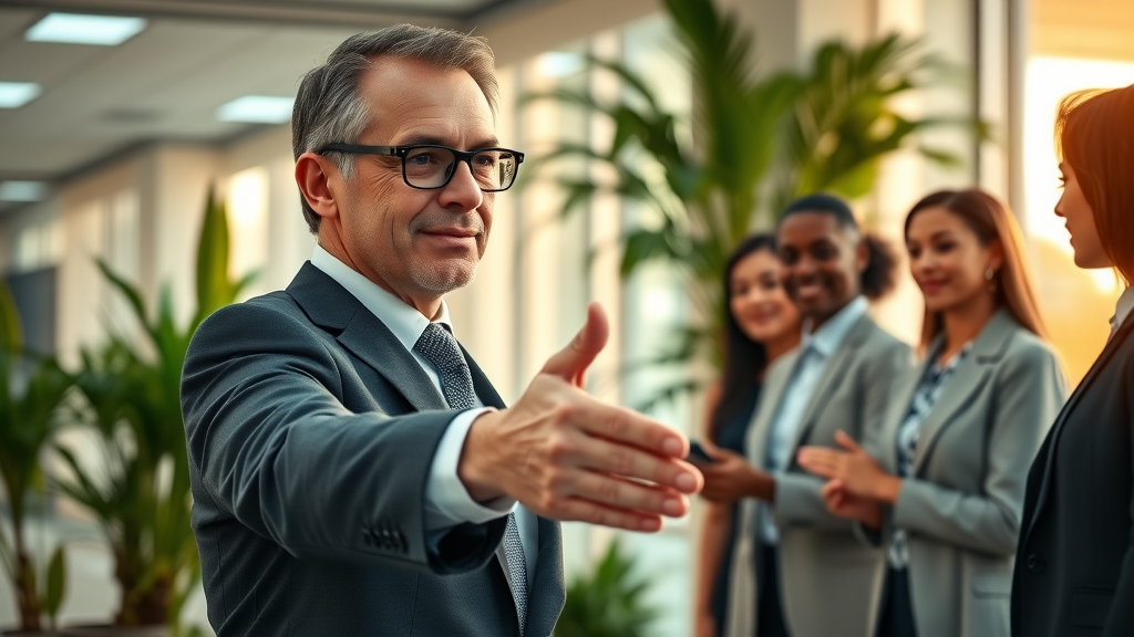 business leader shaking hands with employees to symbolize staff turnover reduction and workplace stability