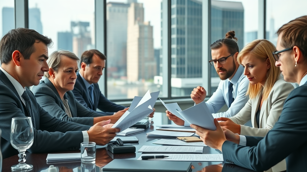 concerned board member roles in a formal meeting room, focused nonprofit board members reviewing documents and discussing with visible tension. Photorealistic modern corporate conference room, glass walls, city skyline