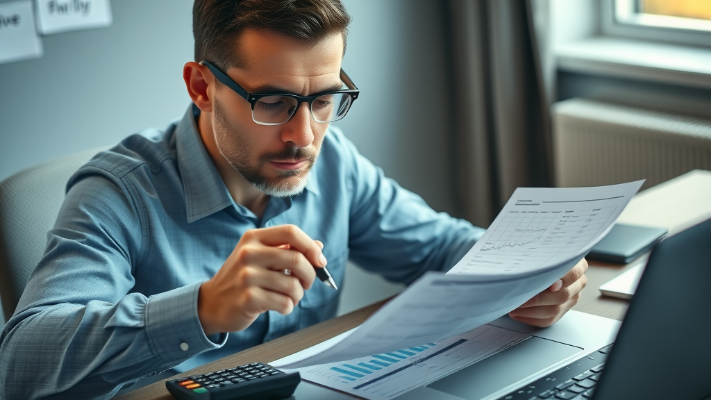 nonprofit board treasurer reviewing financial statements, financial oversight by board member at office desk, analyzing budgets and reports with focus on compliance