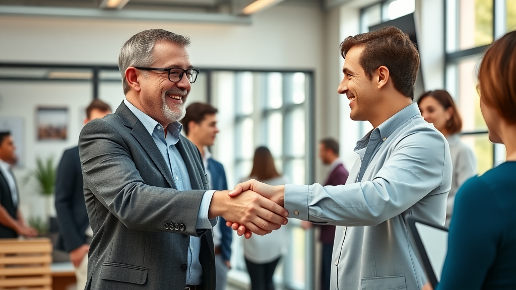 motivated board member shaking hands with executive director, nonprofit board roles in partnership for organizational success, positive collaboration in office