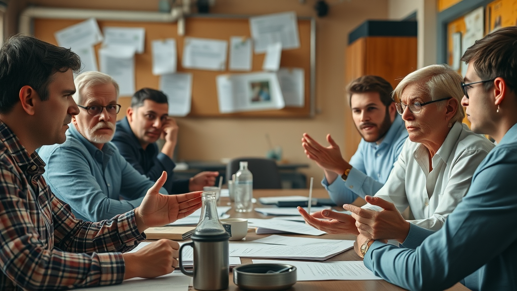 conflicted nonprofit board in argument, board member roles confusion and debate, breakdown in board meetings, body language emphasizes disagreement
