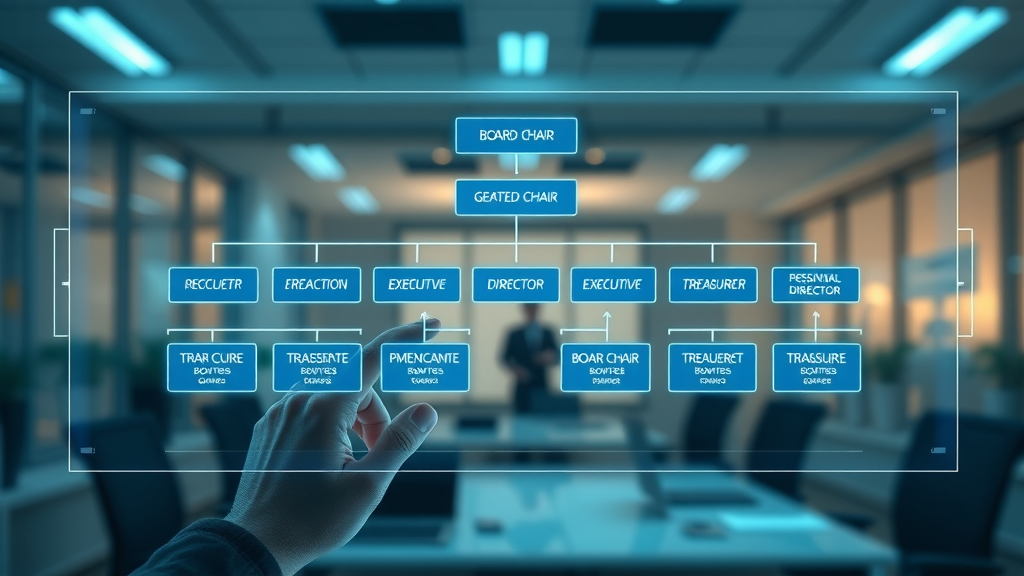 organizational diagram of board structure, digital touchscreen interface, clearly marked board chair, executive director, treasurer