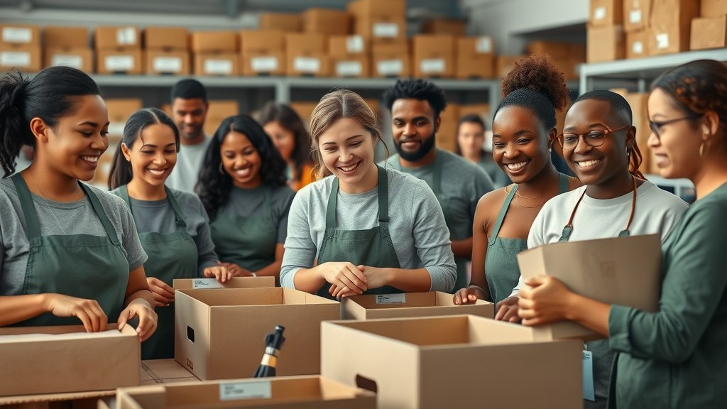 Dynamic diverse group of volunteers, organizing donation boxes, volunteer engagement techniques, nonprofit volunteer center, teamwork