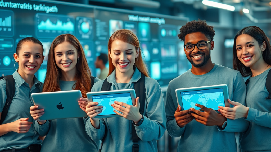 Modern tech-savvy volunteer team engaging with interactive community-building app, volunteer data, engagement strategy, nonprofit technology
