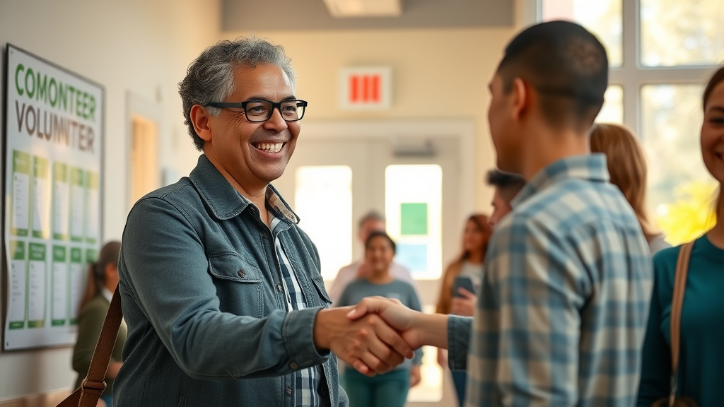 Inspired nonprofit leader shaking hands with new volunteer, volunteer engagement, nonprofit organization, leadership, teamwork