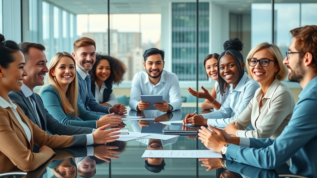 stakeholder collaboration group discussing project around boardroom table, modern office, optimistic expressions, natural daylight, diverse professionals