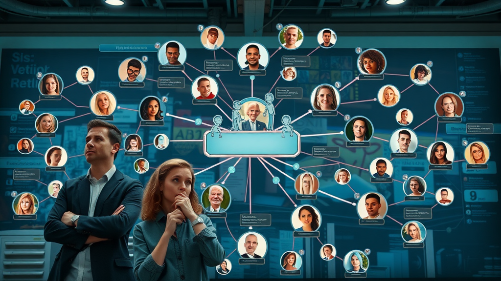 stakeholder analysis mindmap, people connected virtually in digital workspace, stakeholder map, vibrant colors, organized linking lines