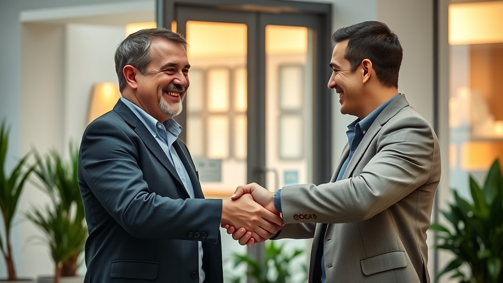 stakeholder collaboration handshake, manager and external stakeholder, closing partnership deal, positive expressions, collaboration tools in background