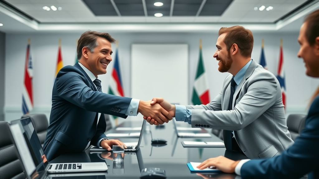 professional handshake during partnership development in a boardroom with international atmosphere