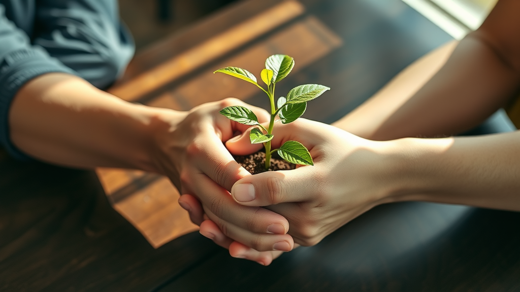 partnership development represented by hands nurturing a sprouting plant from a handshake