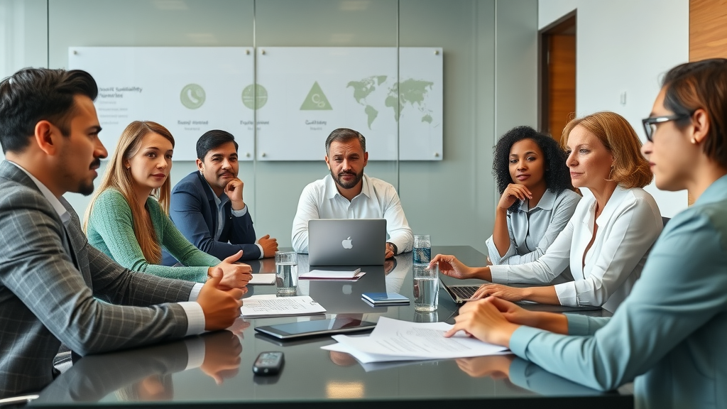 Professional nonprofit boardroom, diverse leaders discussing sustainability strategy, sustainability in nonprofits, modern office setting