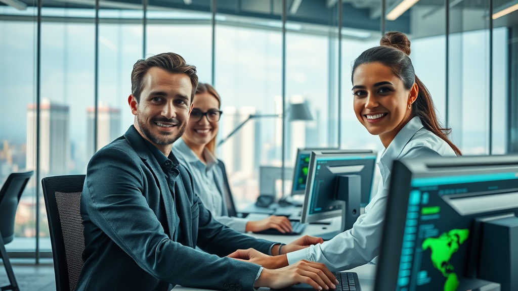 Professionals in a nonprofit office using management software on computers, demonstrating technology