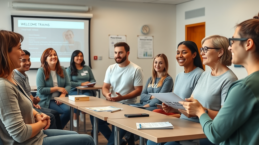 Group of new volunteers receiving engaging orientation in a classroom setting, showing the importance of onboarding in nonprofit volunteer retention.
