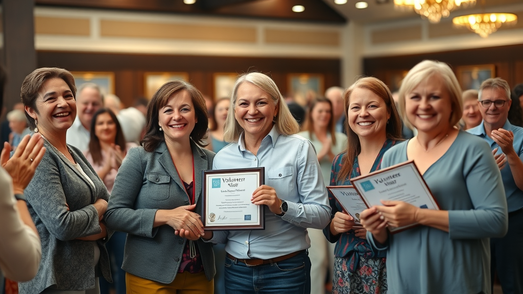 Volunteers receiving awards during a recognition ceremony, showcasing volunteer appreciation for strong nonprofit volunteer retention.