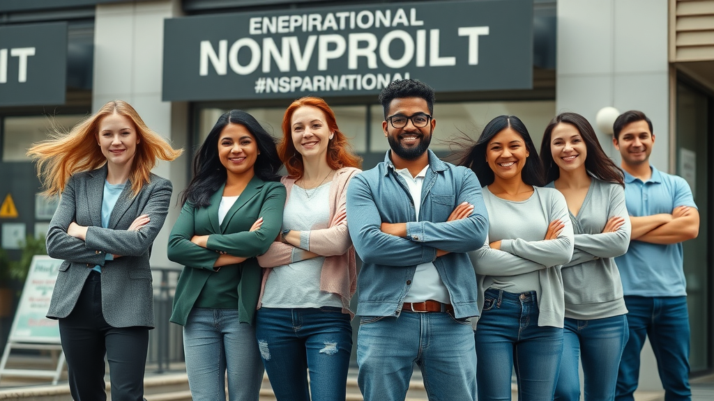 Empowered nonprofit team standing together with confidence, highlighting teamwork and nonprofit volunteer retention success.