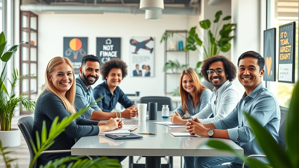 Dynamic modern office environment with workplace engagement, employees collaborating and happy, bright open-space, natural gestures