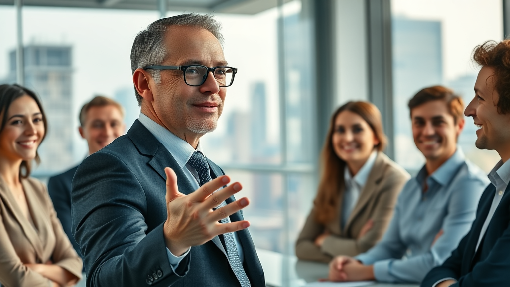 Confident leader addressing highly engaged team, organizational success in modern workplace