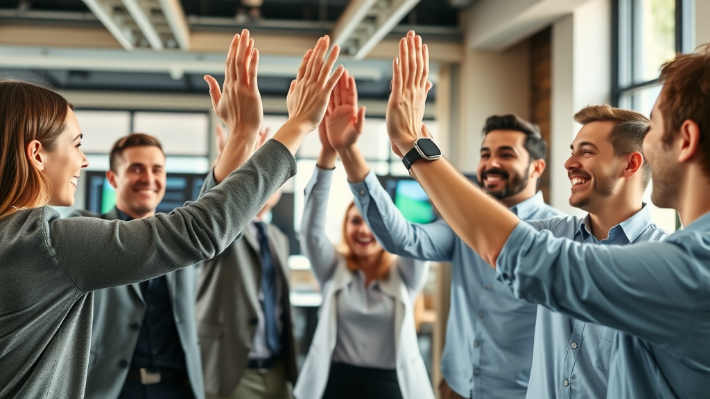 Engaged employees celebrating successful employee engagement, high-fives, positive energy in workplace