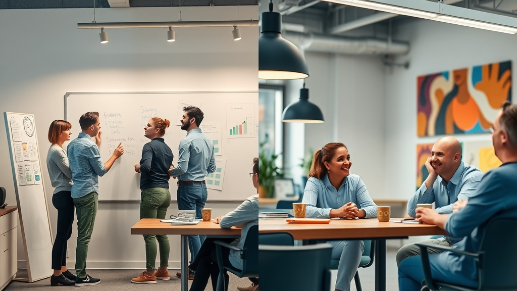 Comparison of employee engagement and employee experience, teams brainstorming and collaborating in modern office