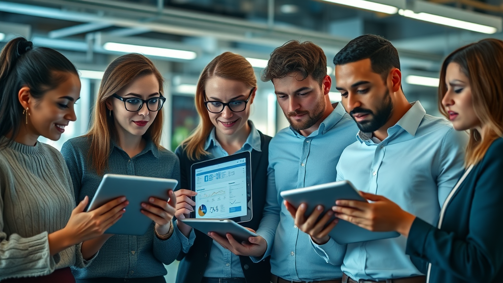 HR team using engagement surveys and software to improve employee engagement, teamwork and technology in workplace