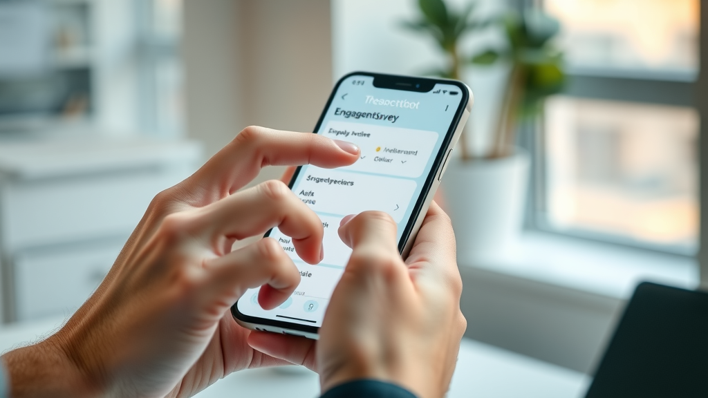 Employee interacting with engagement survey app on smartphone, modern engagement software in action