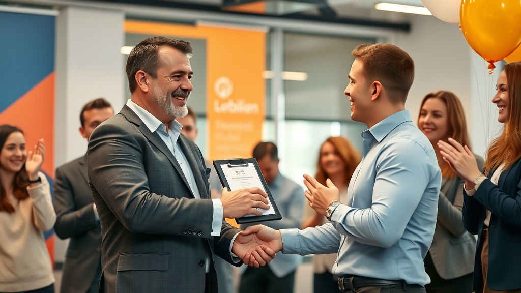 Employee recognition award in workplace, leader celebrates with team, business outcomes, high retention