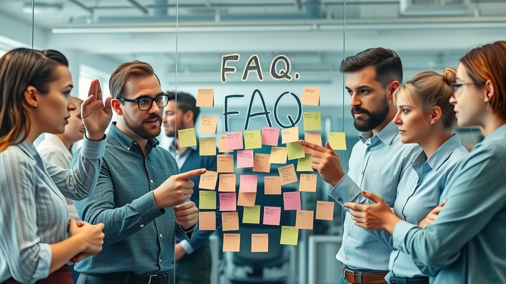 Employees discussing workplace engagement FAQs at a collaborative glass board session