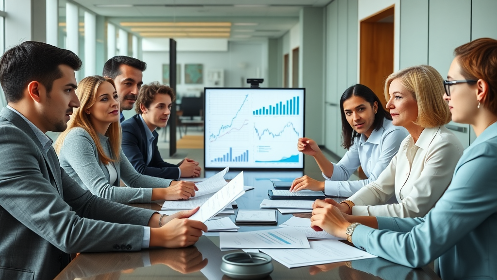 Nonprofit professionals reviewing financial charts, exemplifying nonprofit budgeting strategies, in a modern office.