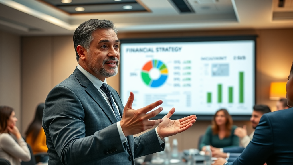 Nonprofit leader presenting financial strategy with budgeting pie chart, demonstrating effective nonprofit budgeting strategies.