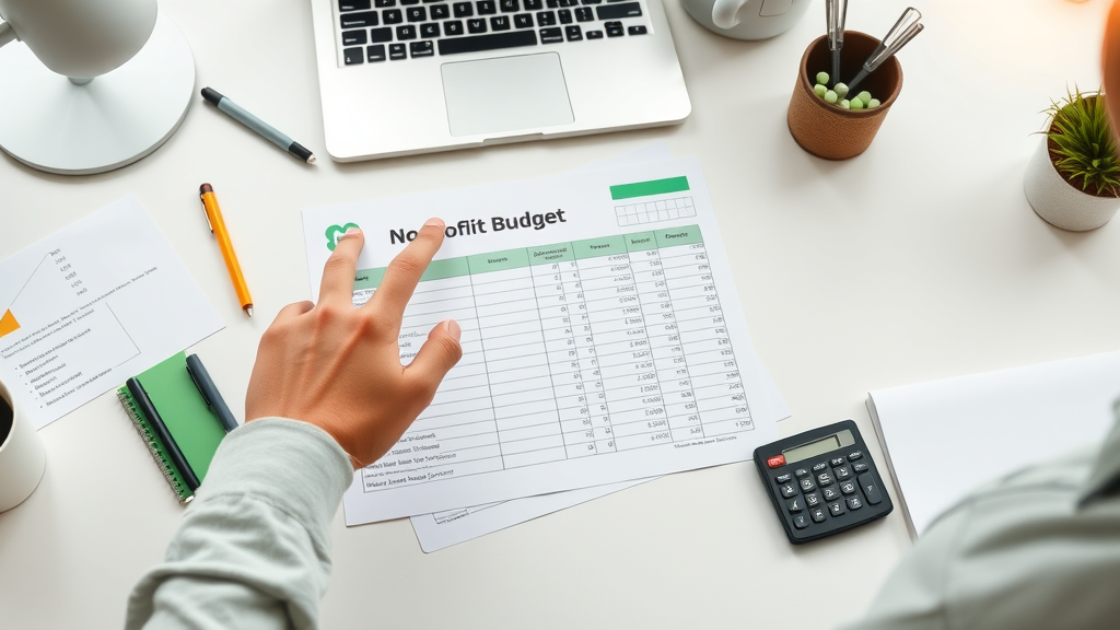 Hands pointing to organized nonprofit budget template, ideal for efficient nonprofit budgeting.