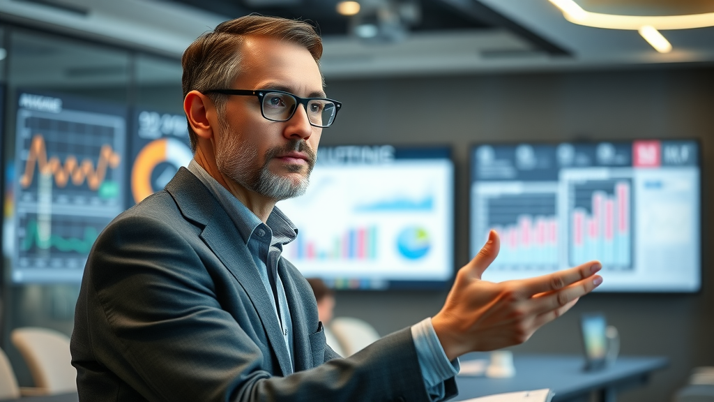 Nonprofit leader analyzing audience data charts on a digital display—audience segmentation for nonprofit digital strategy