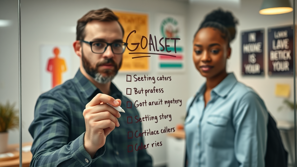 Nonprofit board members setting goals at a glass board during a digital strategy meeting